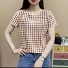 YYFS Женская мода повседневная летняя весна клетчатый принт с коротким рукавом и круглым вырезом блузки и рубашки