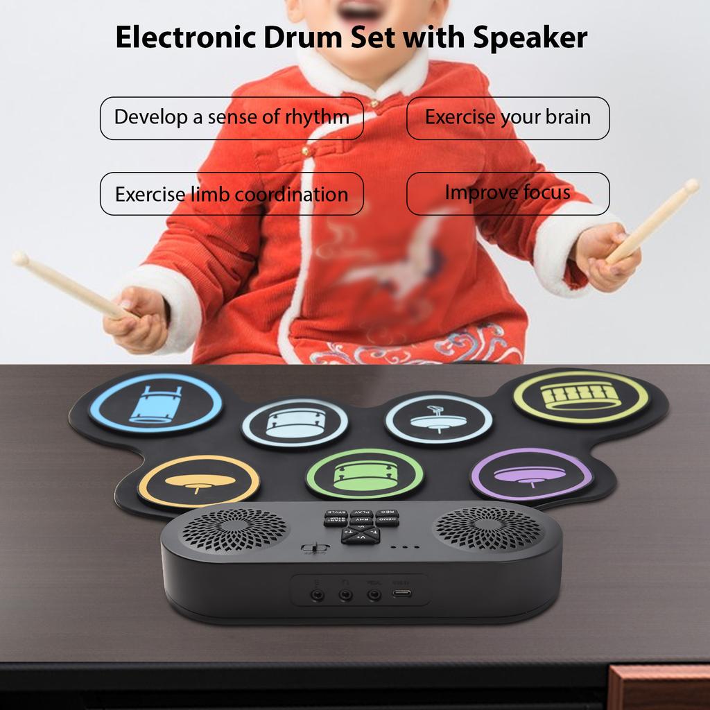 Electronic Drum Set with Speaker BT Hand Roll Drum Set 7 Pads Supports Various Audio Input 7 Drum