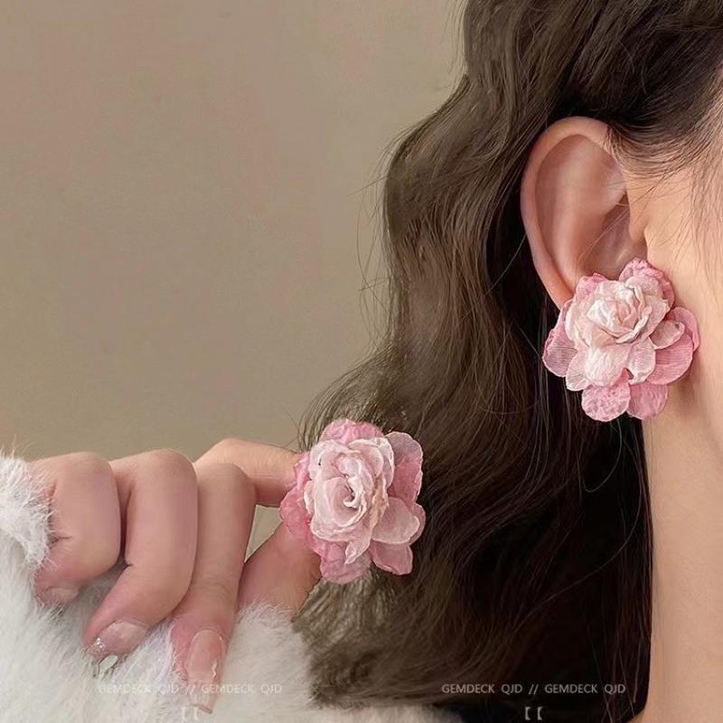 Милые ретро-серьги-гвоздики с розовыми шифоновыми цветами для женщин, элегантные украшения для отпуска