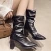 High Heels Women High Boots Elegant Chunky Leather Shoes Sexy Designer Mid Calf Chelsea Boots Fashion New Winter