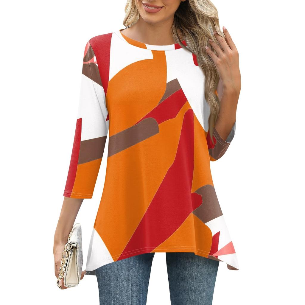 3/4 рукав туника топы для женщин принтованный повседневный выходной свободный крой модная базовая футболка с круглым вырезом