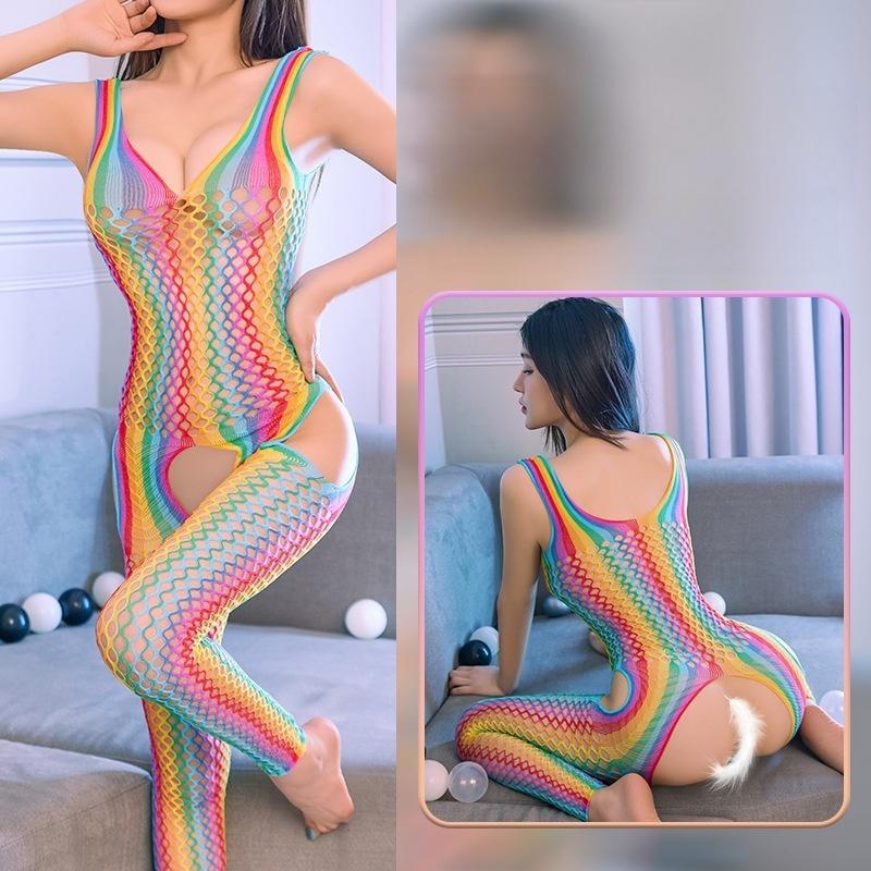 Colorful Stripes Sexy Hollow Stretch Porn Fishnet Erotic Lingerie for Women Female Crotchless Teddy Bodystockings Erotic Adult Female Sex Game Costume