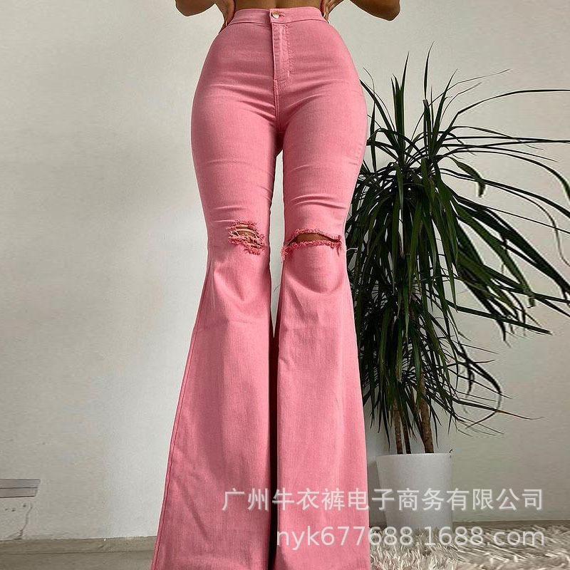 Джинсы с дыркой на талии, стираемые в воде, широкие расклешенные джинсы для женщин