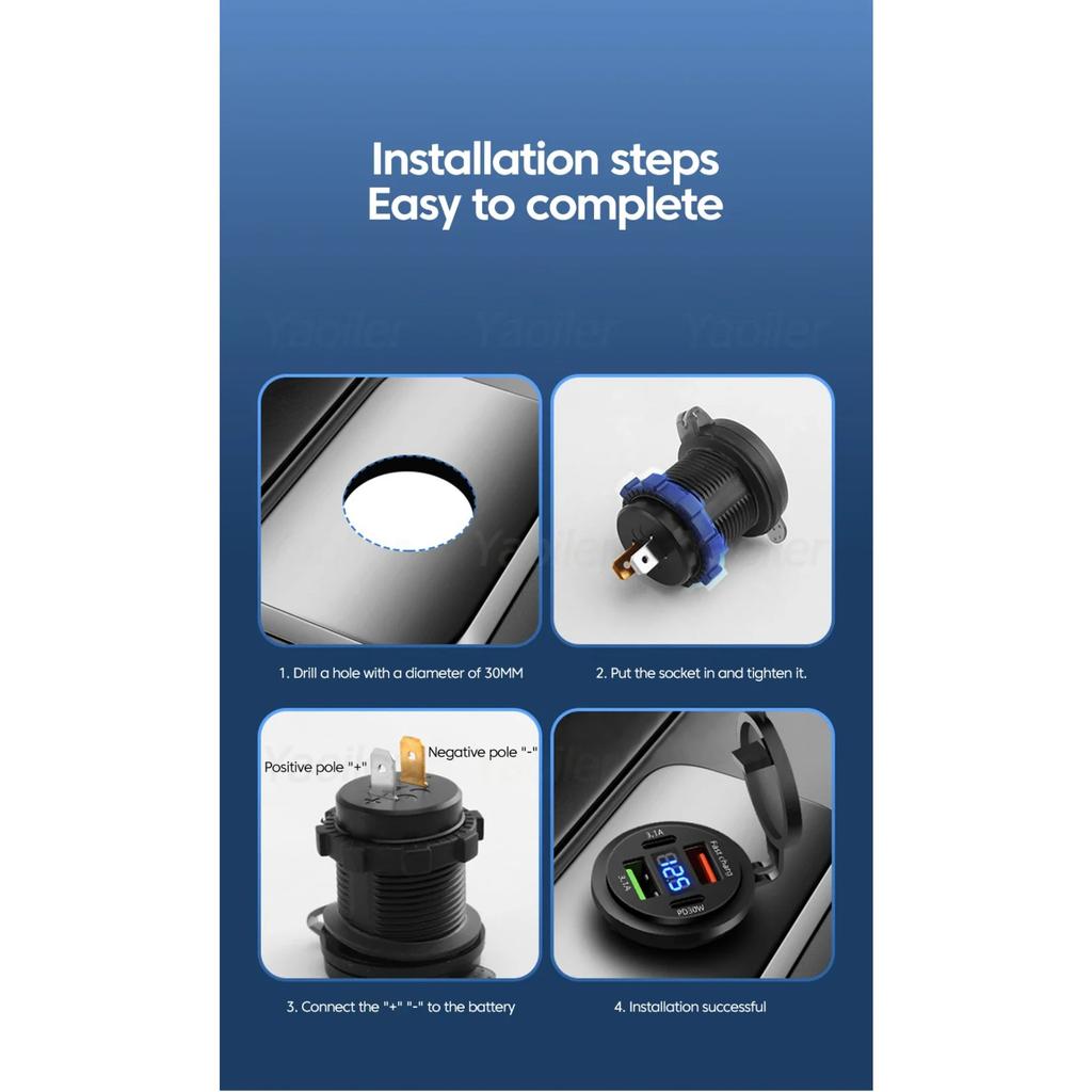 Новое автомобильное зарядное гнездо USB с двумя портами Type-C и USB-A, водонепроницаемое, со светодиодным вольтметром, быстрая зарядка 12 В/24 В для мотоадаптера