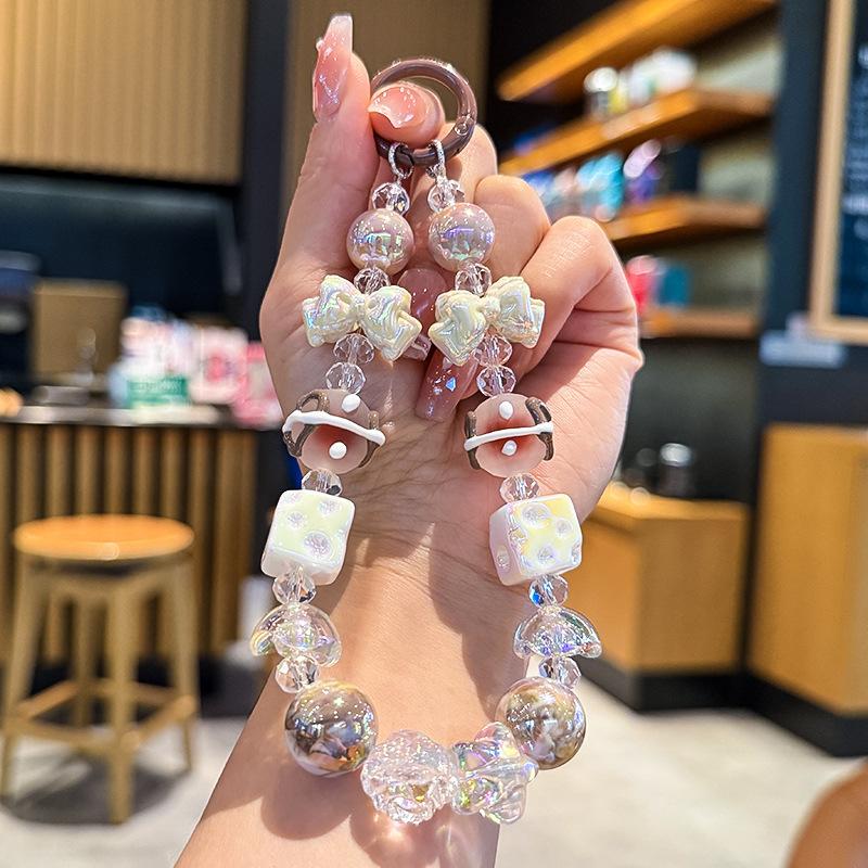 New Bowknot Cheese Beaded Phone Chain Cute Handheld Decoration For Girls Car Keychain Bag Pendant Small Gift