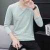 Осенне-зимняя мода Корейская простая темпераментная футболка Мужская с длинным рукавом Хлопковая с V-образным вырезом Однотонный топ Пуловер Повседневная уличная одежда