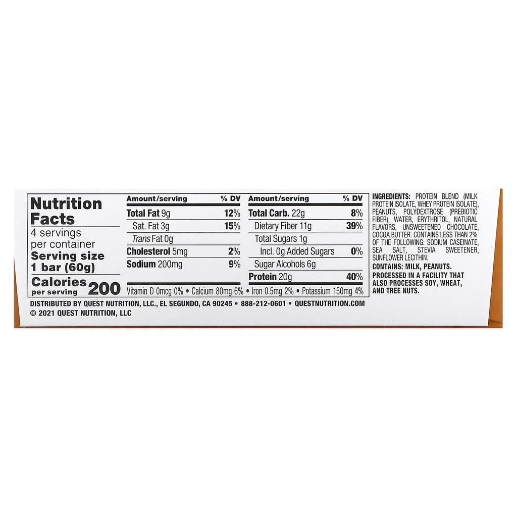 Quest Nutrition Protein Bar, Chocolate Peanut Butter, 4 Bars, 2.12 Oz (60 G) Each