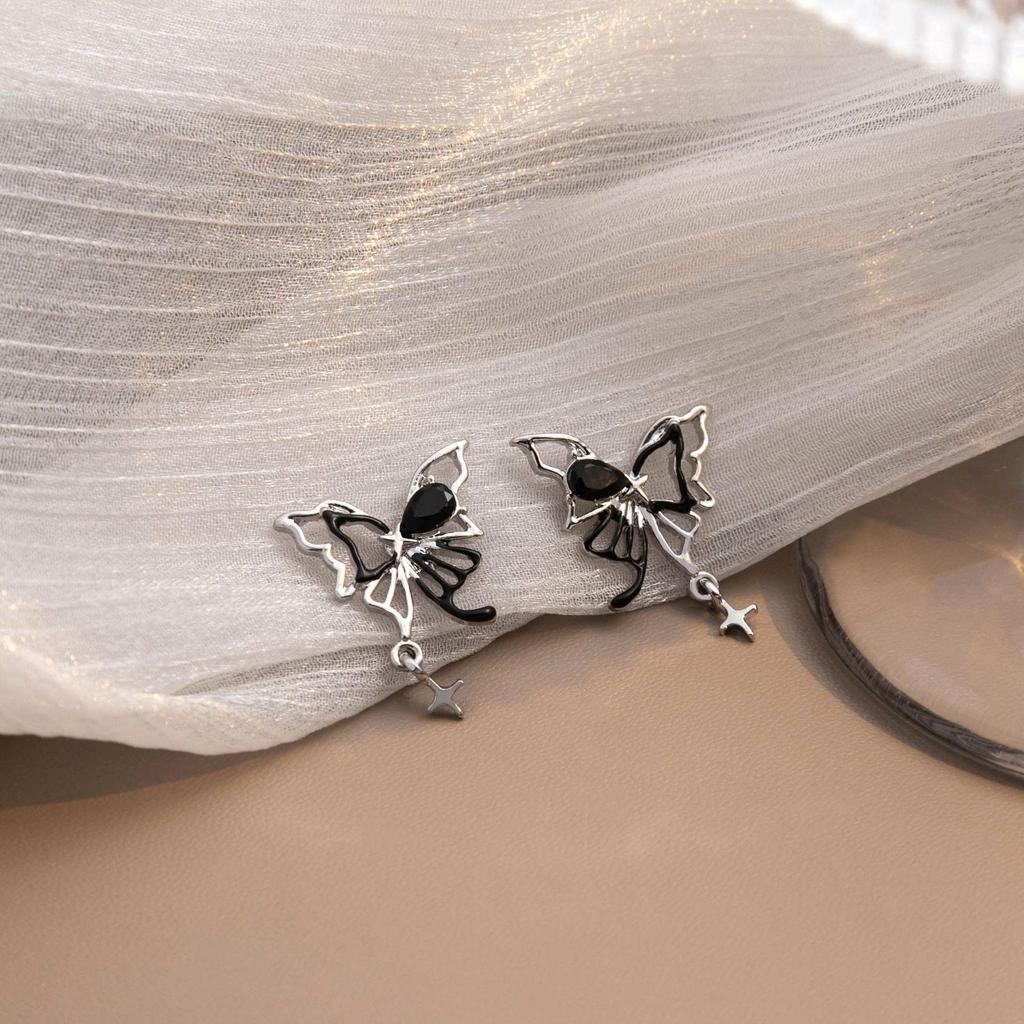 Dark Butterfly Hollow Earrings with Asymmetrical Star Tassels - Sweet and Cool Style