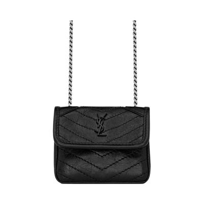 Сумка-кроссбоди YSL Niki Series Black Label с логотипом, цепочкой и складками, из плетеной кожи, для наушников, женская модель 710844-0EN04-1000