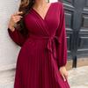 Cross V-neck Lantern Long Sleeve Waist Strap A-Line Autumn Dress Simple Pure Color