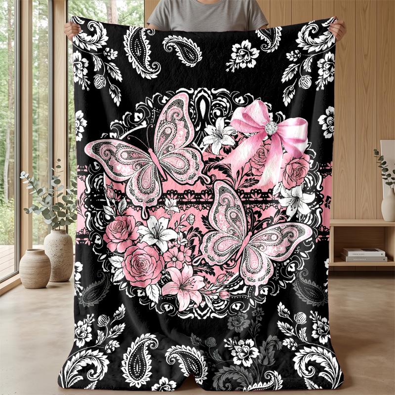 Pig with Flower Necklace Among Butterflies and Roses Theme blanket Lightweight Warm Flannel Blanket Decorative Throw Blanket for Home Decoration