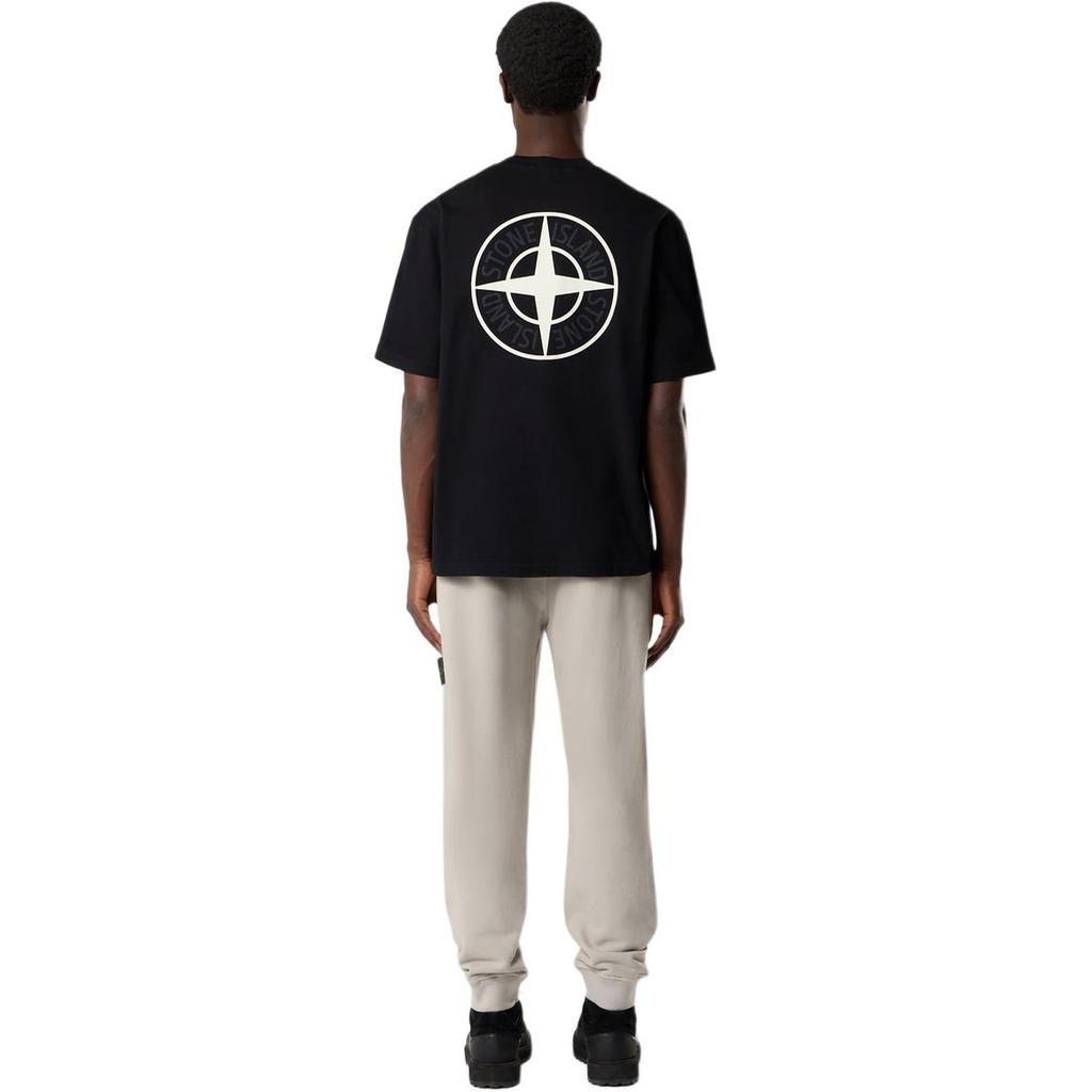 STONE ISLAND Однотонная футболка с круглым вырезом, спущенным плечом и коротким рукавом, мужские топы, черный K2S152100037S0193-V0029