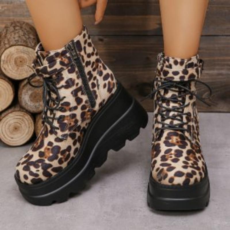 2024 Женская обувь Большие размеры Женские ботильоны на высоком каблуке Современные ботинки Женские леопардовые туфли с боковой молнией спереди на шнуровке на танкетке Женские туфли