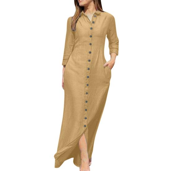 Spring Summer Women Dress Loose Pure Color Single-breasted Side Pockets Lapel V Neck Long Sleeves Split Hem Soft Breathable Casual Ankle Length