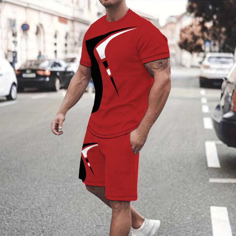 Men's Suit Casual Simple Pattern Printing T-shirt Hawaiian Casual Vacation T-shirt Two Piece Quick Drying Short Sleeved Men Set