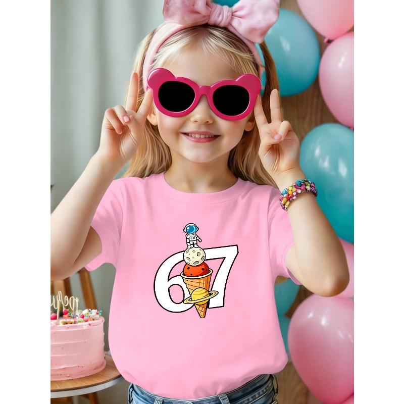 European sizes Number 67 Ice Cream Astronaut Cute Girl Short Sleeve Outfit Summer Girls' Short Sleeve Casual Breathable Comfortable Fashion