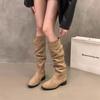 French Thick Heel Apricot Suede Piled Boots Women's 2025 New Autumn Versatile Thin Long Boots Do Not Drop the Tube