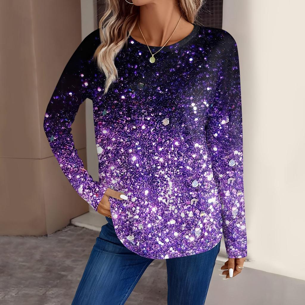 Женская мода повседневный топ с длинным рукавом с цветочным принтом и круглым вырезом