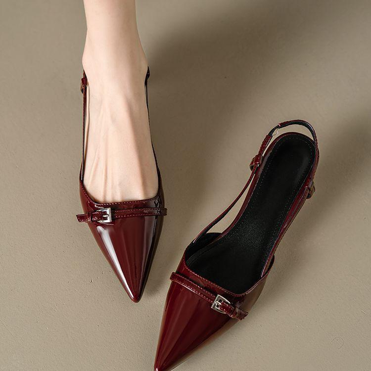 Босоножки Baotou женские летние лакированные кожаные туфли на среднем каблуке с острым носком французского темперамента на маленьких высоких каблуках пустые одинарные туфли
