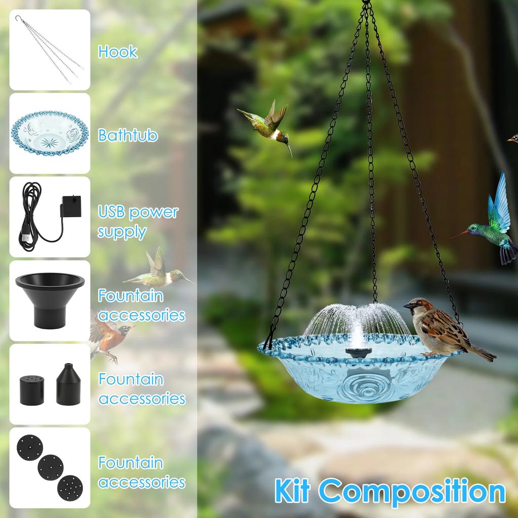 Подвесная поилка для птиц Фонтанчик Кормушка для колибри Водяной фонтан DIY Фонтан для водного ландшафта Садовое украшение для патио на открытом воздухе