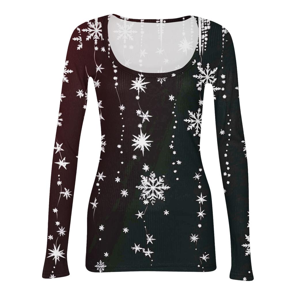 Женская модная футболка с тонким низом, рождественский принт, пуловер с U-образным вырезом и длинными рукавами
