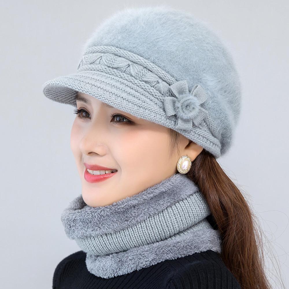 Winter Hat Keep Warm Cap Add Fur Lined Hat And Scarf Set Warm Hats For Female Casual Rabbit Fur Winter Knitted Hat