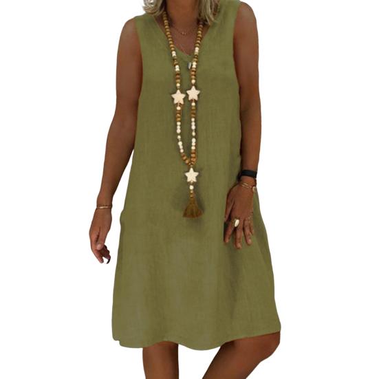 Lady Summer Dress Sleeveless V Neck A-line Solid Color Knee Length Midi Dress Pullover Vest Type Vacation Beach Dress