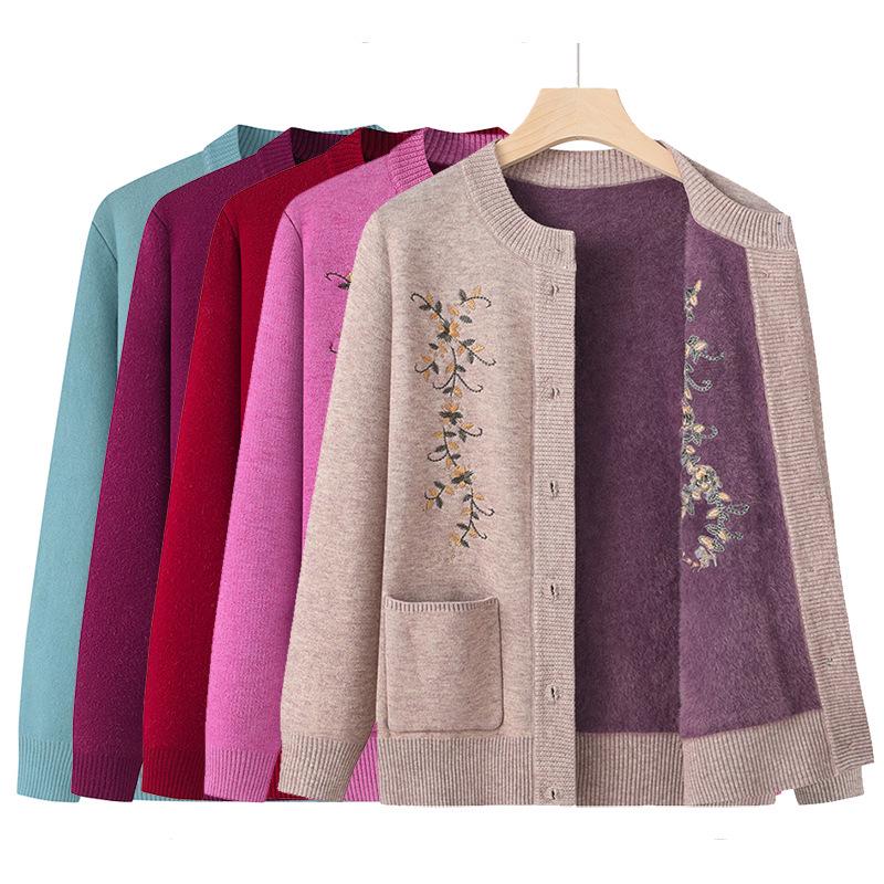 Женский кардиган с плюшевой подкладкой - Весенне-осенний вязаный свитер для женщин среднего и пожилого возраста