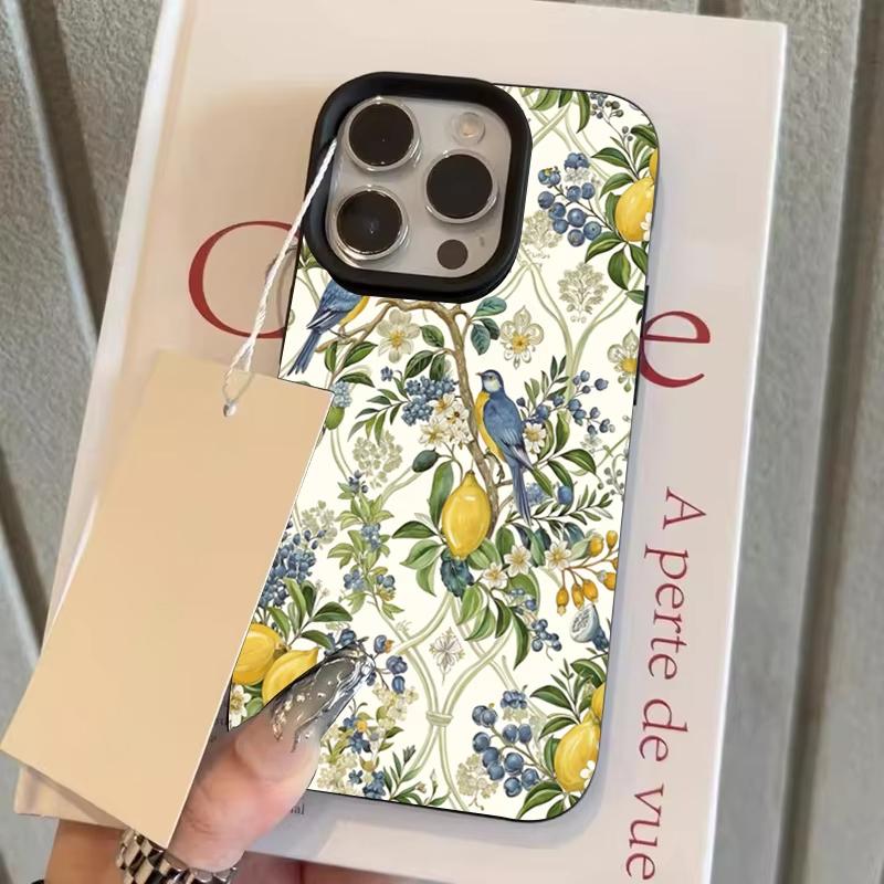 Чехол для телефона со свежим лимонным, птичьим и цветочным принтом для iPhone 17 16 15 14 13 12 11 Серии Pro Max Plus Двойная защита