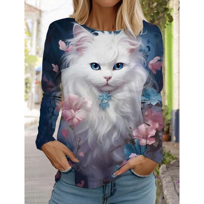 Autumn and Winter Women's Long Sleeve 3D Printed Kitten Cute Print T-Shirt Women's Streetwear Round Neck Long Sleeve