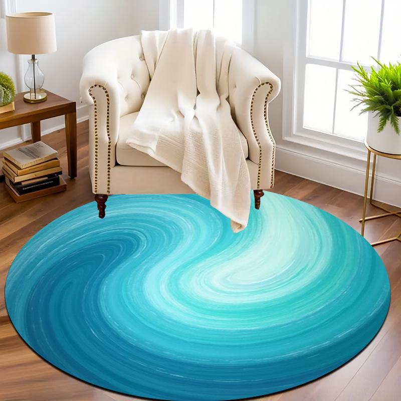 Decorative Round Blue Area Rug Plush Living Room Mat Ocean Swirl Gradient Spa Carpet for Modern Bathroom Home Decor