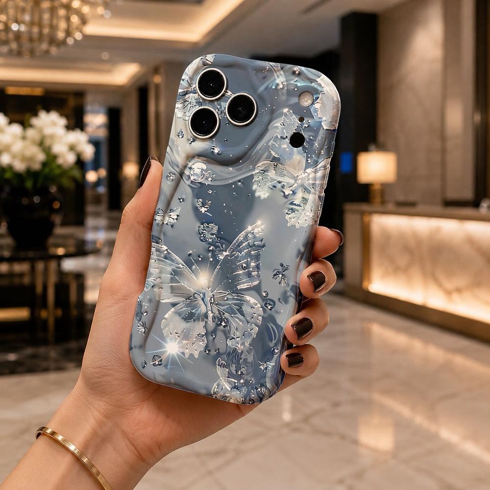 Transparent Glitter Butterfly Water Wave Wavy Edge Phone Case For iPhone 17 16 15 14 13 12 11 8 7 Plus Pro Max Sparkle