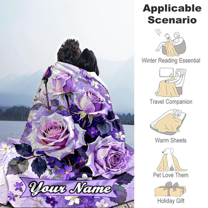 1PC Custom Name Purple Roses Garden flannel blanket versatile,all-season throw suitable for the living room,bedroom,camping,travel,and gift