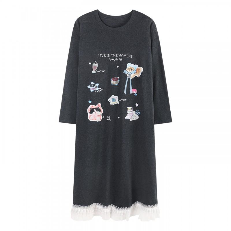 2026 Womens Cotton Long Sleeve Cute Cartoon Nightgown Casual Home Dress