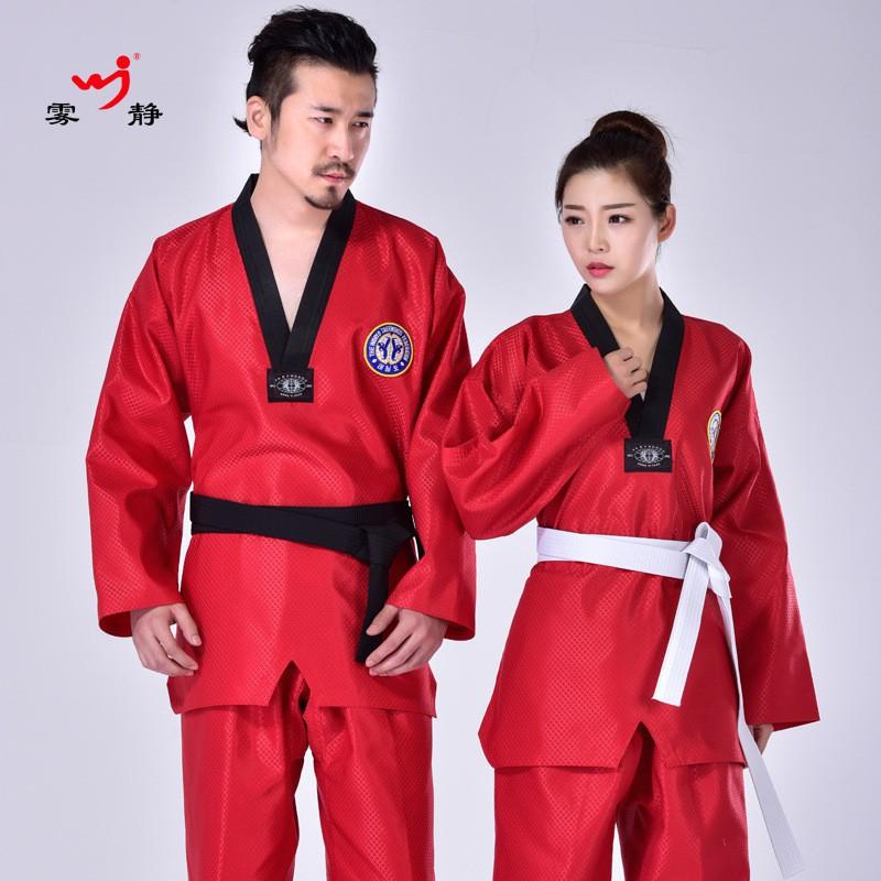 Taekwondo Uniform Set With Embroidery Printing Belt White Red Blue Cotton Gi Training Performance Kids Adult