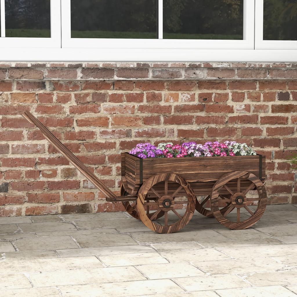 Plant wheelbarrow, Wooden raised bed, Weatherproof. 120 x 41 x 50 cm, Brown
