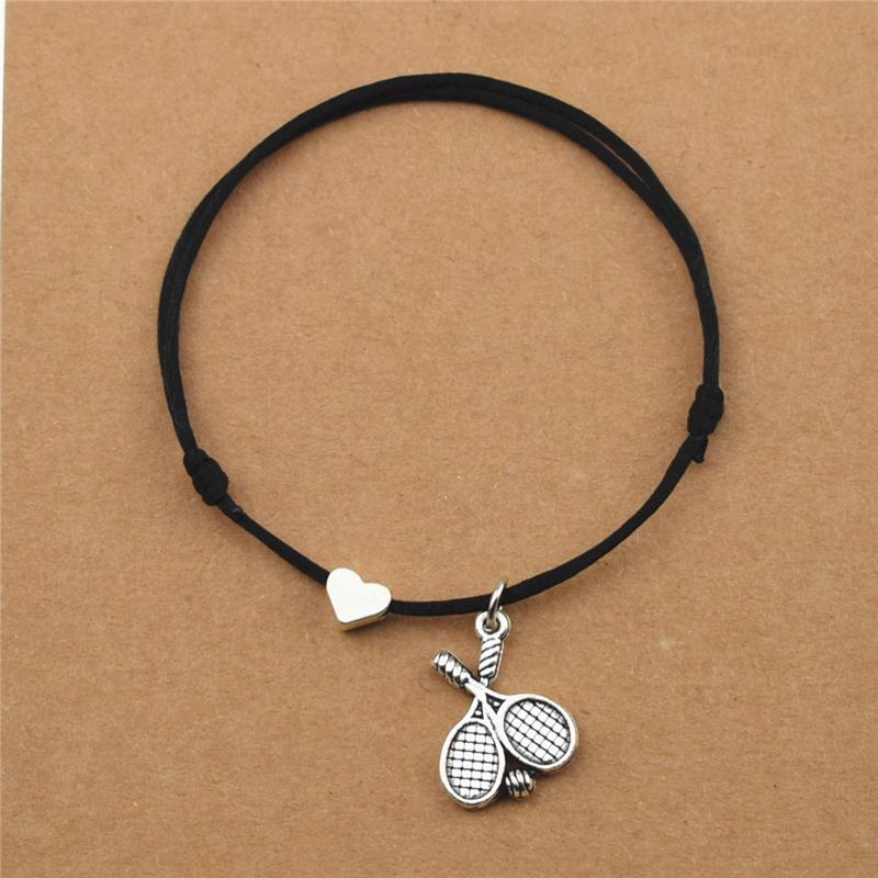 Новая спортивная тема, двойная теннисная ракетка, браслеты-подвески, регулируемое сердце любви, красный шнур, черная веревка, браслеты, подарки для теннисной команды