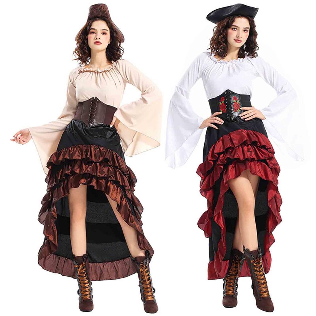 Womens Vintage Elegant Sexy Fashion Halloween Ocean Nautical Pirate Costume Ruffle Maxi Dress