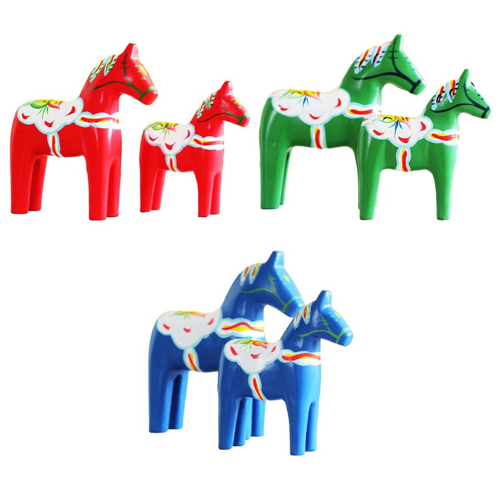 2pieces Swedish Dala Horse Statue Natural Wood Craft Gift For House Warming Swedish Horse Statue