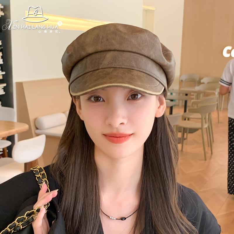 Показать маленькую темпераментную шапку из искусственной кожи, кепку для детей, осень и зима, новый ретро, литературный и универсальный, черный восьмиугольный берет