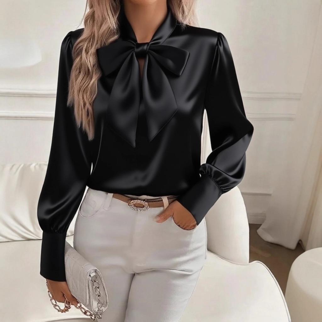 Autumn Long Sleeved Bow Satin Women's Blouses & Shirts