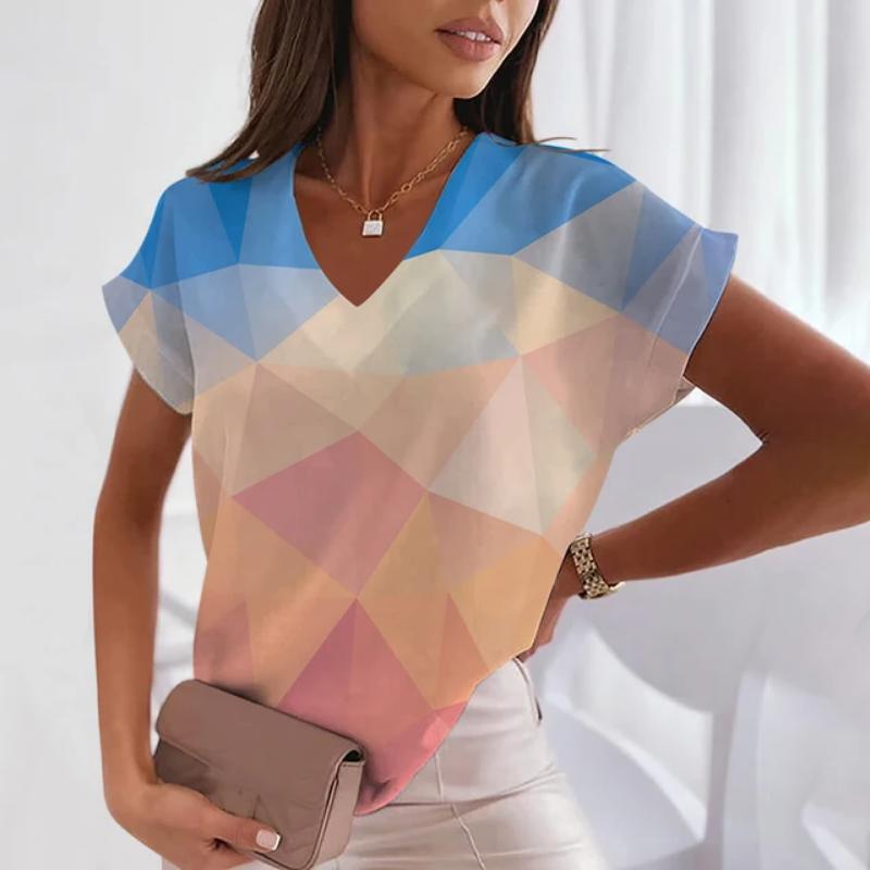 2024 летние женские футболки с геометрическим v-образным вырезом, сексуальные топы с коротким рукавом, модная футболка с принтом, футболка в стиле Харадзюку, женская одежда большого размера