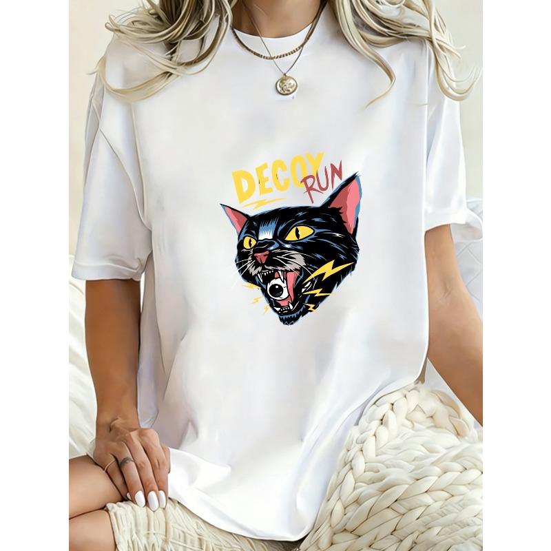 Оверсайз платье-футболка Черное с принтом 'Decoy Run Cat' Повседневный уличный стиль