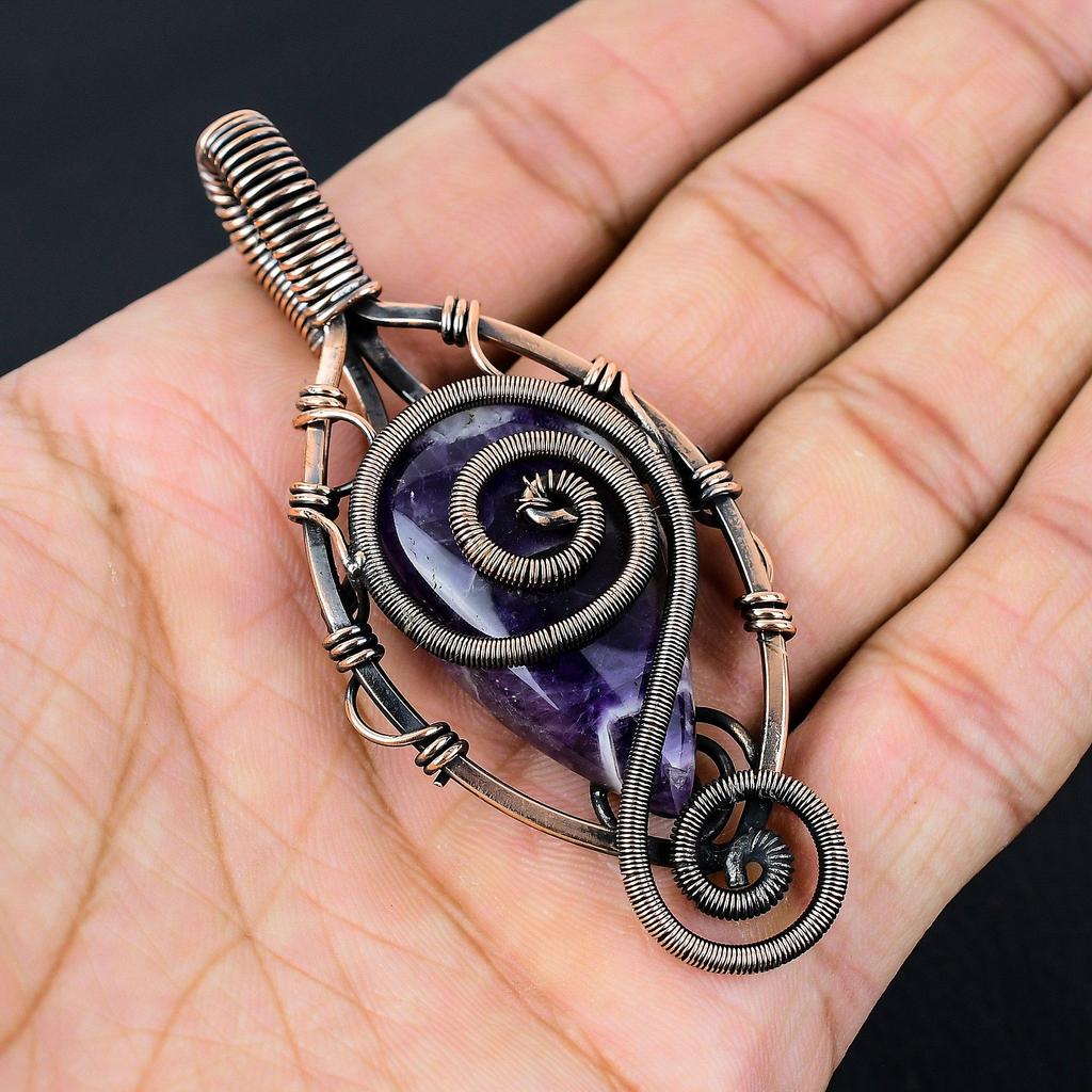 Sage Amethyst Gemstone Pure Copper Wire Wrapped Handmade Pendant Jewelry