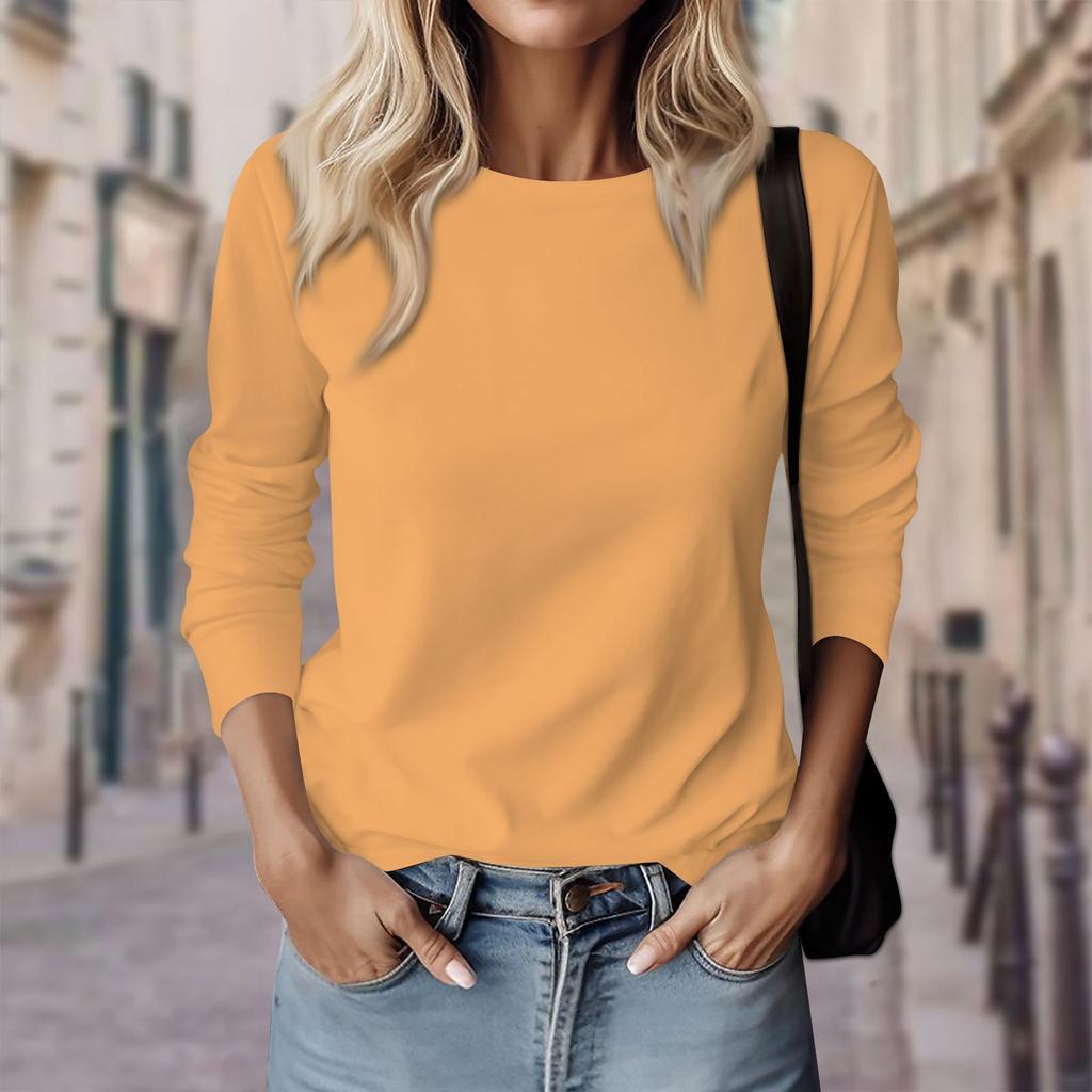 Женская повседневная модная однотонная пуловер с длинным рукавом и круглым вырезом, блузка
