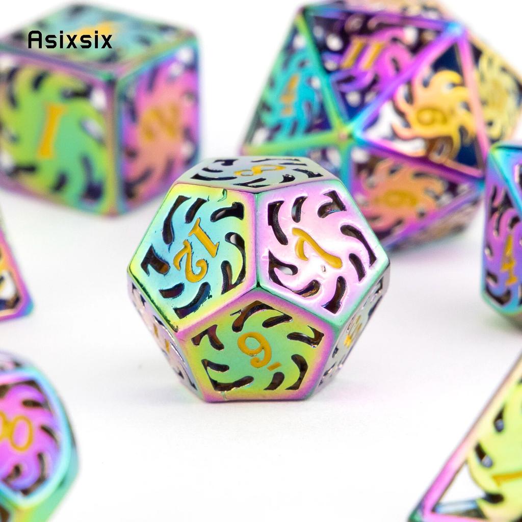 7 шт. красочные вращающиеся металлические кубики с ветряной мельницей, набор полых металлических многогранных кубиков, подходящий для ролевой игры, настольной игры, карточной игры