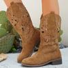 Модные классические замшевые ковбойские сапоги в западном стиле женские 2025 осень винтажные с перфорацией на среднем каблуке сапоги для верховой езды этнический стиль дизайнерская обувь