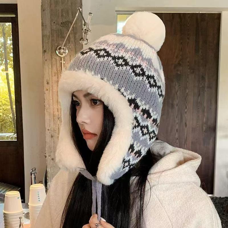 Autumn and Winter Riding Fleece Ear Protector Wool Hat Women's Plush Bag Head Pullover Hat Thickened Warm Knitted Hat