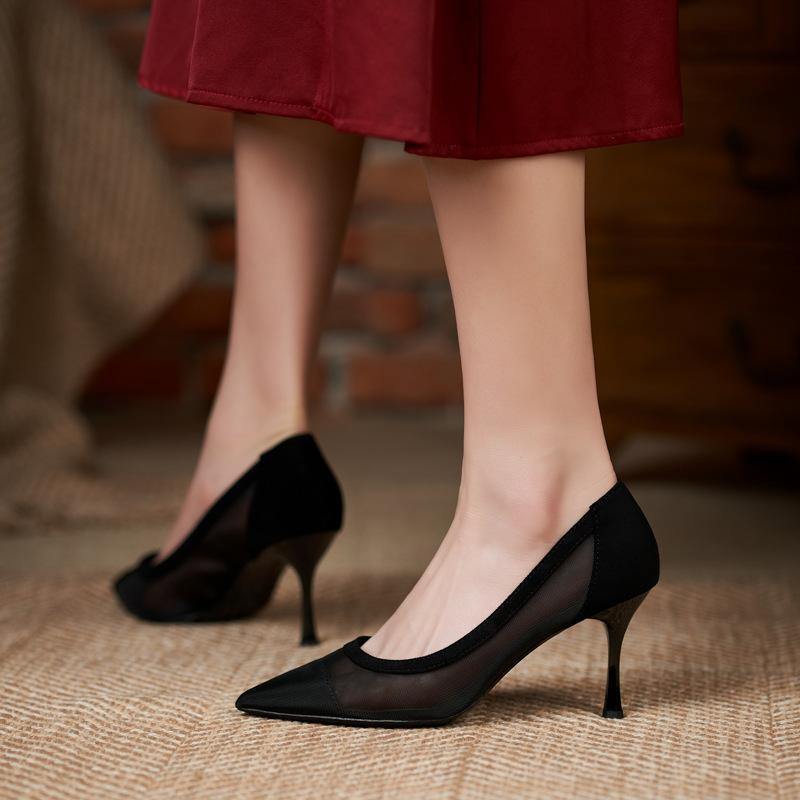 Comemore 2025 Spring Summer Thin Heels Pumps Women Pointed Toe High Heel Work Shoes Dot Mesh Vintage Elegant Shallow Stiletto 43