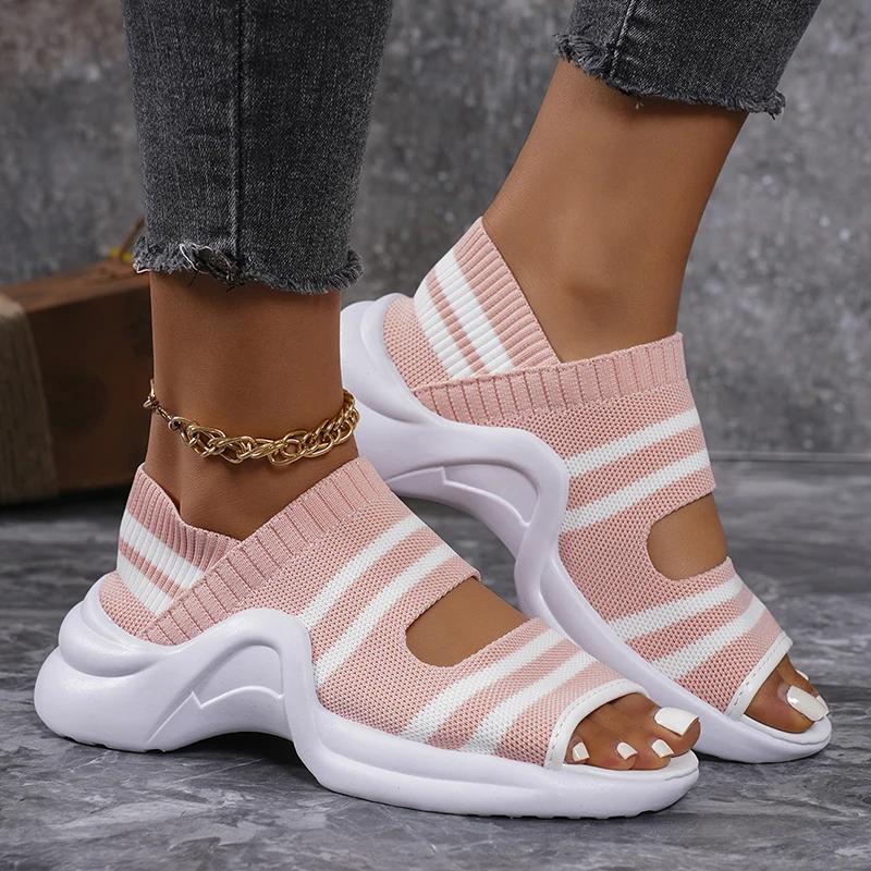 Модные Модные Полосатые Вязаные Спортивные Сандалии для Женщин Толстая Подошва Повседневные Сандалии на Танкетке Женские 2025 Лето Удобные для Ходьбы Сандалии